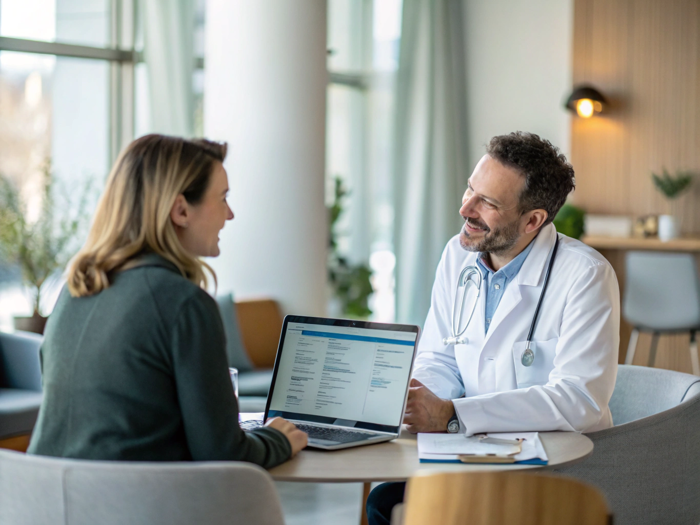 Échange professionnel sobre dans un bureau entre intervenants médico-sociaux et direction, éclairage naturel